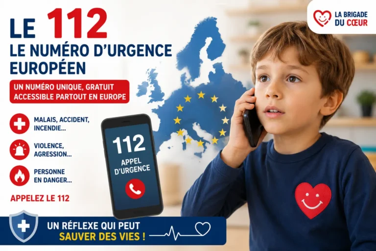 Un enfant appelle le numéro d’urgence européen 112 avec un téléphone