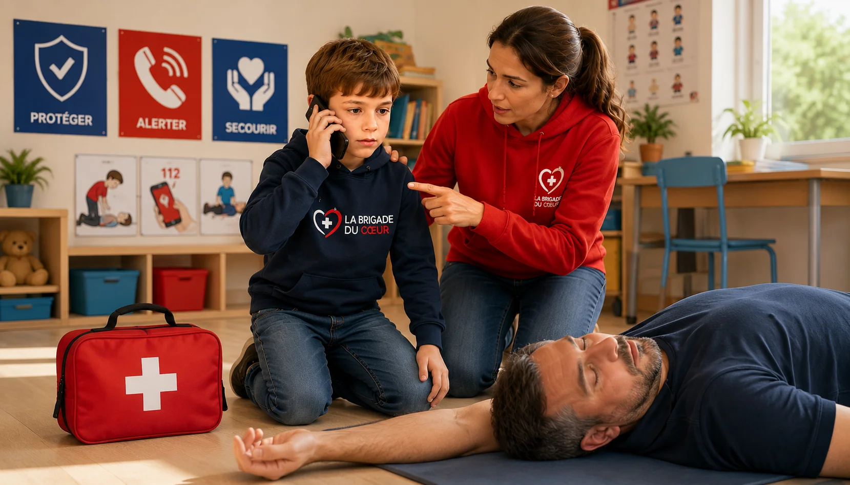 Apprendre à porter secours - un héros du quotidien découvrant les gestes lors d'un atelier ludique de prévention.
