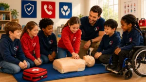 Enfant héros du quotidien participant à un atelier ludique d'apprentissage des gestes qui sauvent avec d'autres enfants.