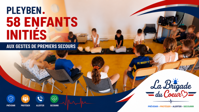 Des enfants de l'ALSH de Pleyben participent à un atelier de prévention et de gestes de premiers secours animé par La Brigade du Cœur, avec des exercices de réanimation cardio-pulmonaire adaptés à leur âge.