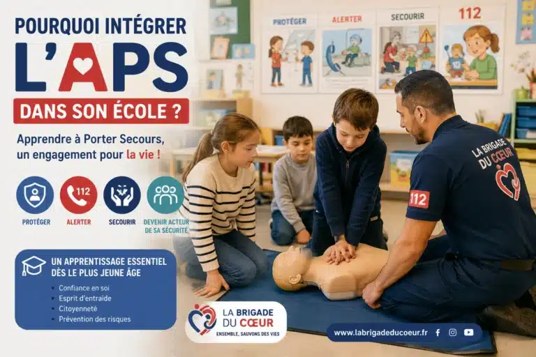 Enfants en classe apprenant les gestes de premiers secours autour d’un mannequin de réanimation avec un formateur dans le cadre d’un atelier APS (Apprendre à Porter Secours).