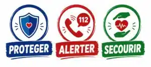 Illustration des trois étapes des premiers secours : Protéger, Alerter et Secourir – La Brigade du Cœur.