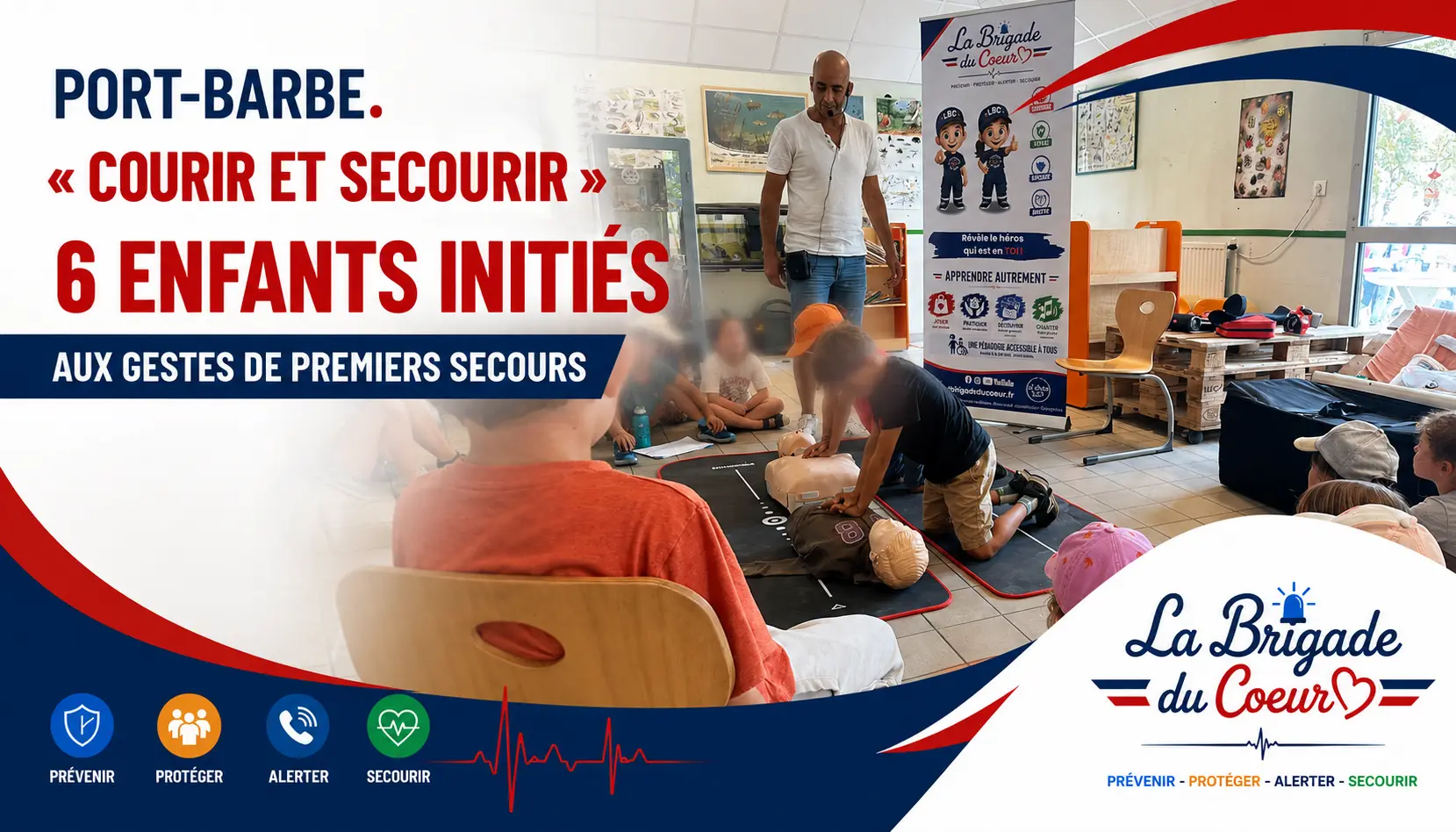 Six enfants du stage Courir et secourir apprennent les gestes de premiers secours à Port-Barbe