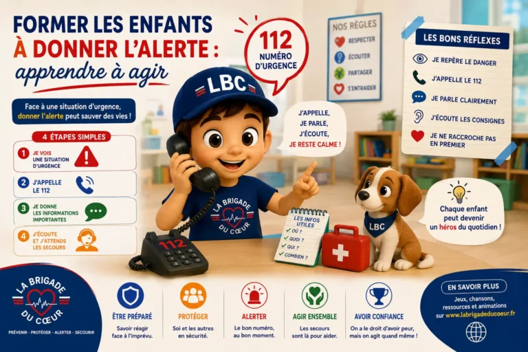 Enfant apprenant à donner l’alerte et à appeler le 112 lors d’une sensibilisation aux premiers secours avec La Brigade du Cœur.