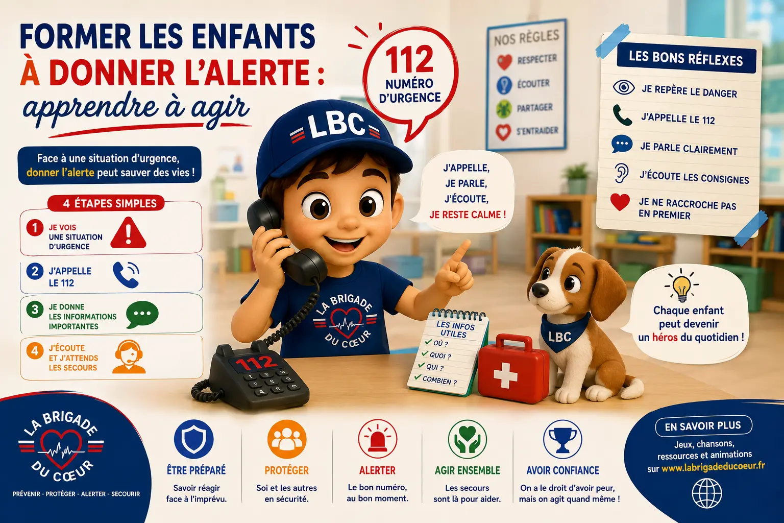 Enfant apprenant à donner l’alerte et à appeler le 112 lors d’une sensibilisation aux premiers secours avec La Brigade du Cœur.