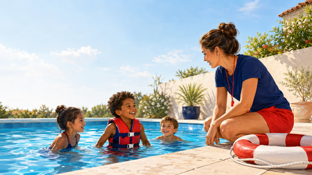 Un adulte surveille attentivement des enfants qui se baignent dans une piscine