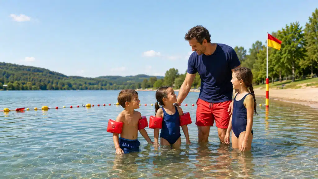 Un adulte surveille des enfants qui se baignent avec des brassards dans un lac.