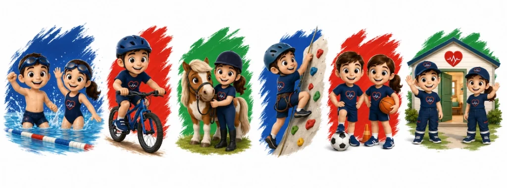 Animation de prévention et de premiers secours pour les jeunes pratiquant la natation, le vélo, l’équitation, l’escalade et les sports de ballon.