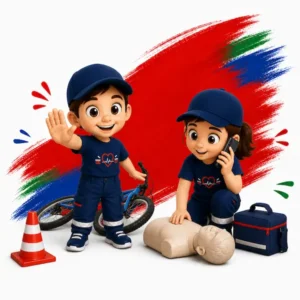 Les mascottes sécurisent un accident de vélo lors d’un exercice de prévention et de premiers secours pour enfants.