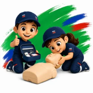 Les mascottes de La Brigade du Cœur contrôlent la respiration d’un mannequin lors d’une animation premiers secours.