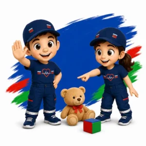 Deux mascottes de La Brigade du Cœur apprennent à repérer un danger et à prévenir un adulte.